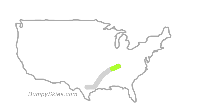 Map of continental US with illustrated flight path and turbulence forecast (described in text below)