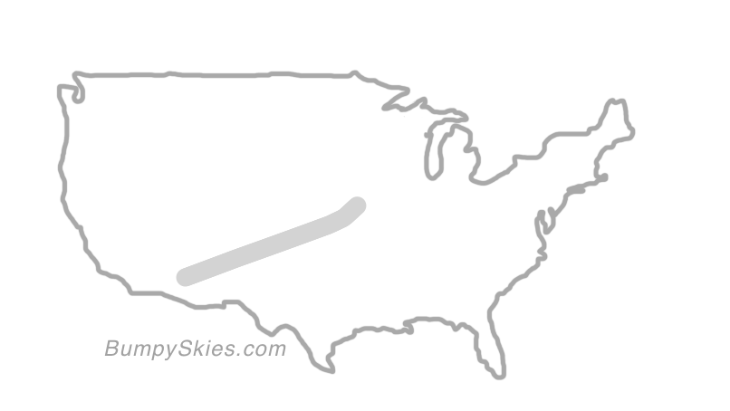 Map of continental US with illustrated flight path and turbulence forecast (described in text below)
