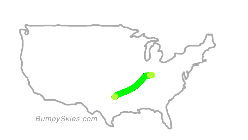 Map of continental US with illustrated flight path and turbulence forecast (described in text below)