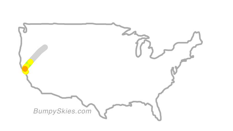 Map of continental US with illustrated flight path and turbulence forecast (described in text below)