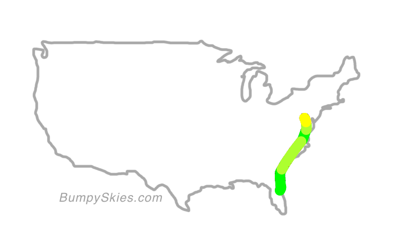 Map of continental US with illustrated flight path and turbulence forecast (described in text below)