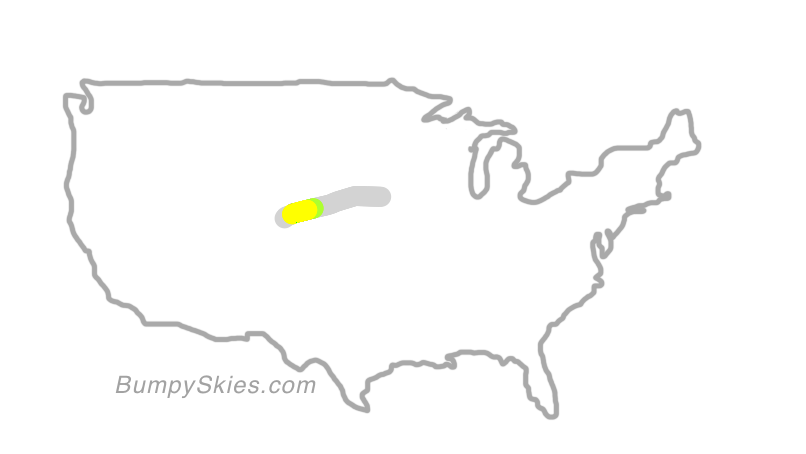 Map of continental US with illustrated flight path and turbulence forecast (described in text below)