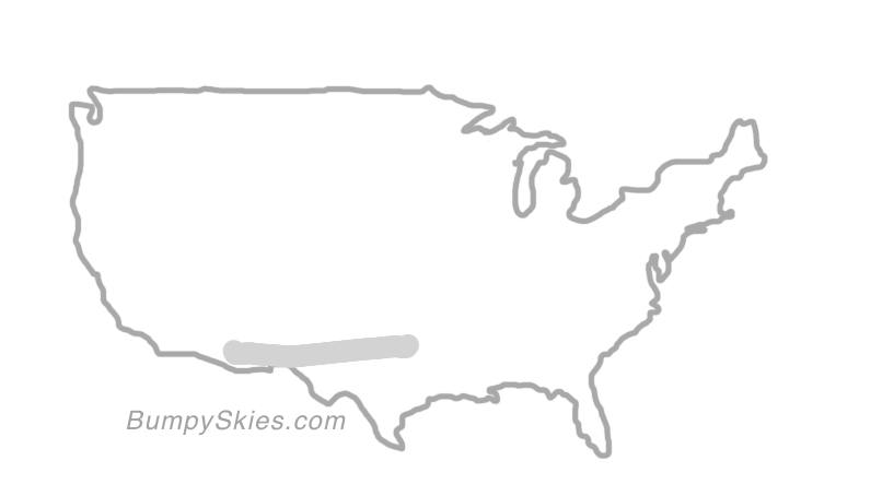 Map of continental US with illustrated flight path and turbulence forecast (described in text below)