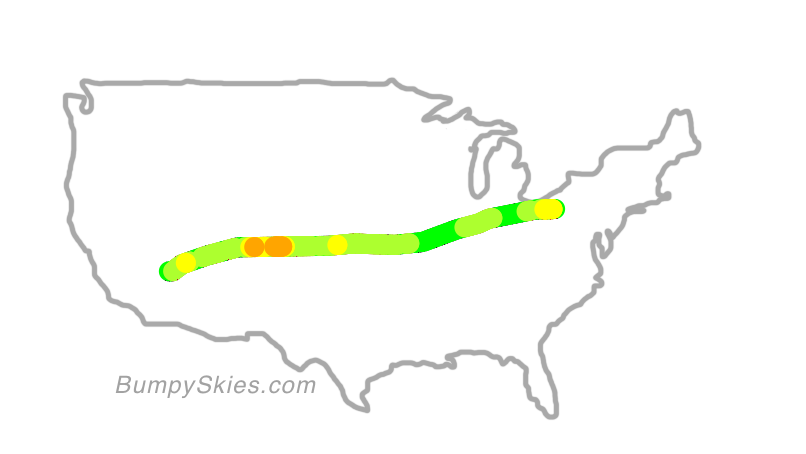 Map of continental US with illustrated flight path and turbulence forecast (described in text below)