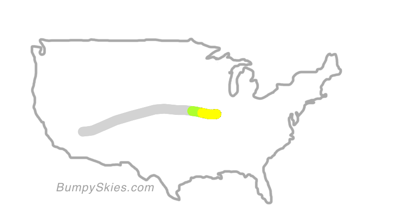 Map of continental US with illustrated flight path and turbulence forecast (described in text below)