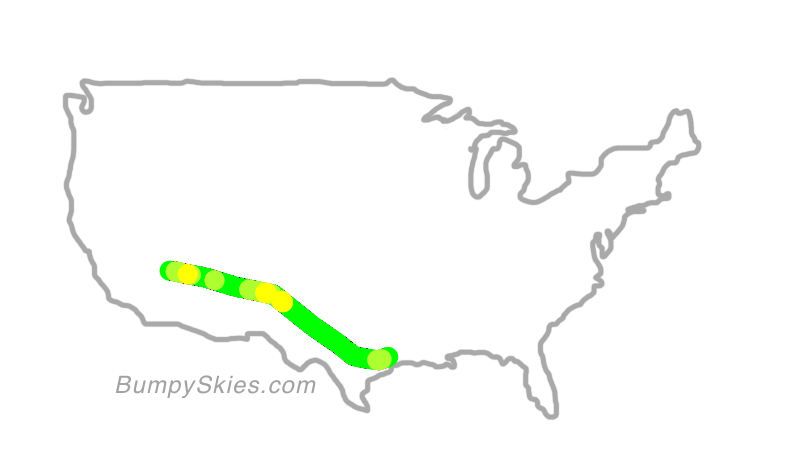 Map of continental US with illustrated flight path and turbulence forecast (described in text below)