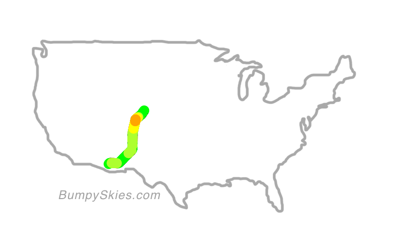 Map of continental US with illustrated flight path and turbulence forecast (described in text below)