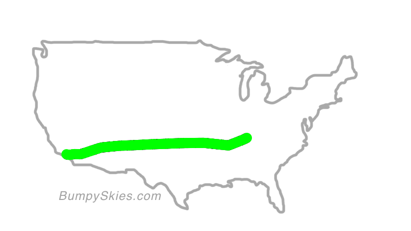 Map of continental US with illustrated flight path and turbulence forecast (described in text below)
