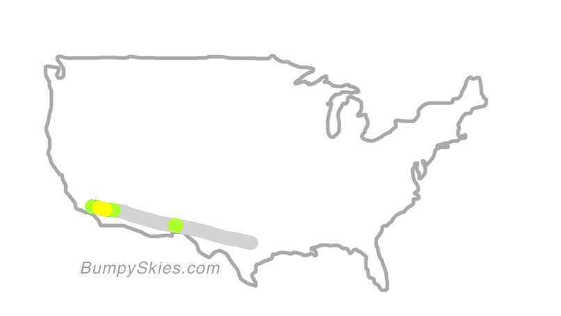 Map of continental US with illustrated flight path and turbulence forecast (described in text below)