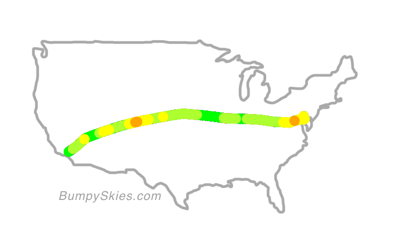 Map of continental US with illustrated flight path and turbulence forecast (described in text below)