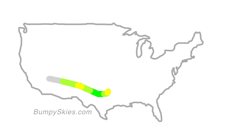Map of continental US with illustrated flight path and turbulence forecast (described in text below)