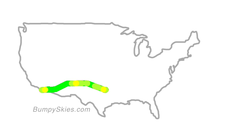 Map of continental US with illustrated flight path and turbulence forecast (described in text below)