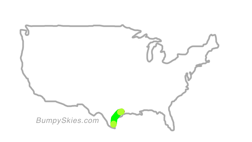 Map of continental US with illustrated flight path and turbulence forecast (described in text below)