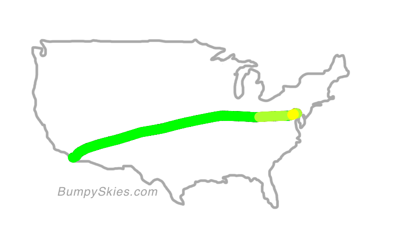Map of continental US with illustrated flight path and turbulence forecast (described in text below)