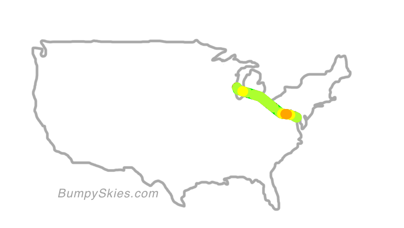 Map of continental US with illustrated flight path and turbulence forecast (described in text below)