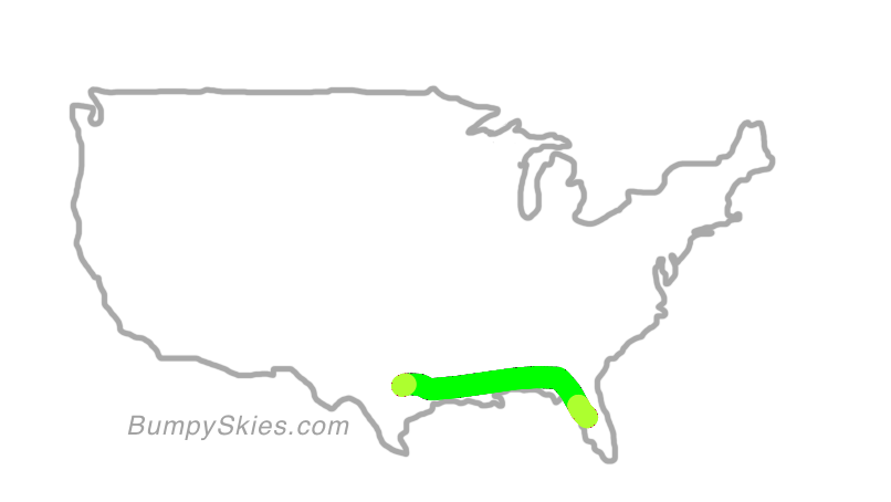 Map of continental US with illustrated flight path and turbulence forecast (described in text below)