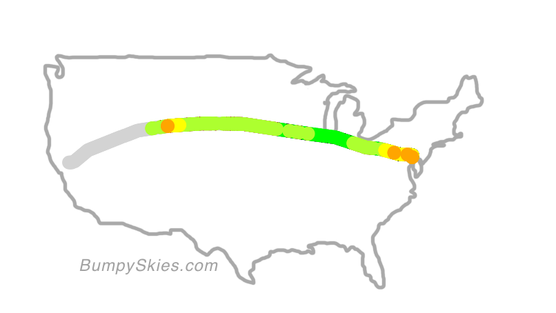 Map of continental US with illustrated flight path and turbulence forecast (described in text below)