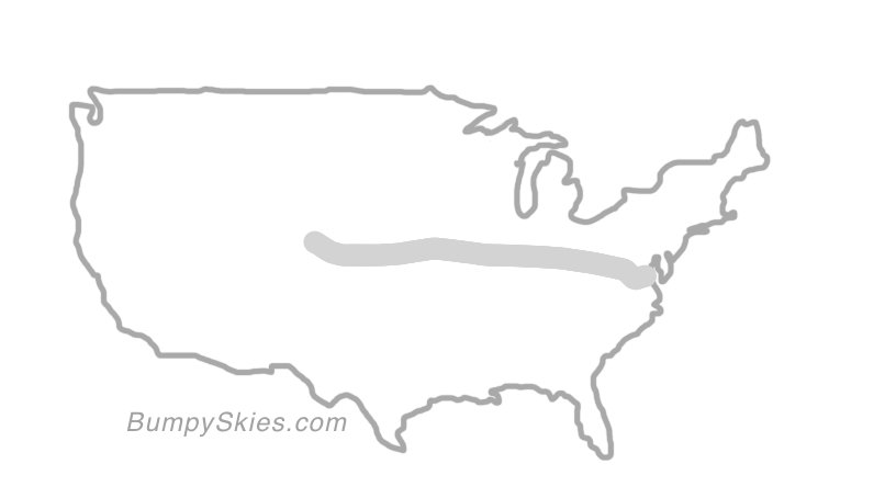 Map of continental US with illustrated flight path and turbulence forecast (described in text below)