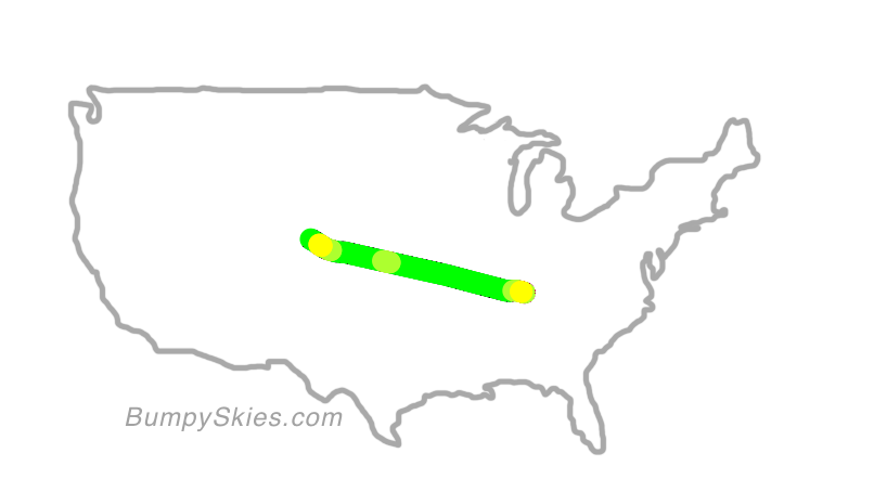 Map of continental US with illustrated flight path and turbulence forecast (described in text below)