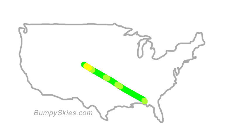 Map of continental US with illustrated flight path and turbulence forecast (described in text below)