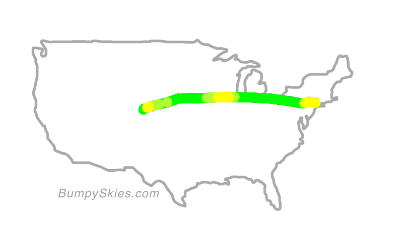 Map of continental US with illustrated flight path and turbulence forecast (described in text below)