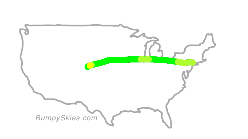 Map of continental US with illustrated flight path and turbulence forecast (described in text below)
