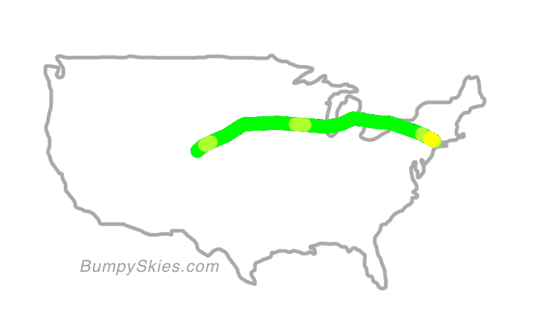 Map of continental US with illustrated flight path and turbulence forecast (described in text below)