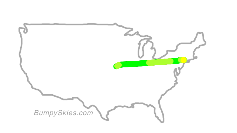 Map of continental US with illustrated flight path and turbulence forecast (described in text below)