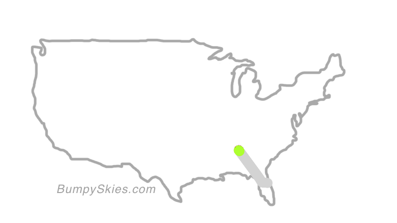 Map of continental US with illustrated flight path and turbulence forecast (described in text below)