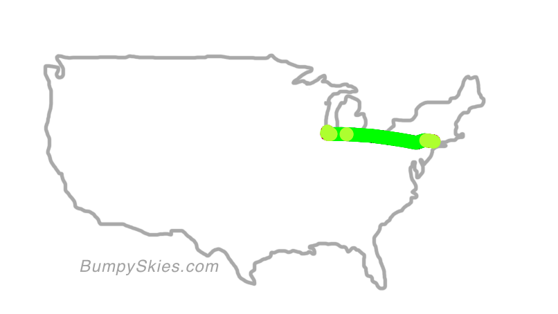Map of continental US with illustrated flight path and turbulence forecast (described in text below)