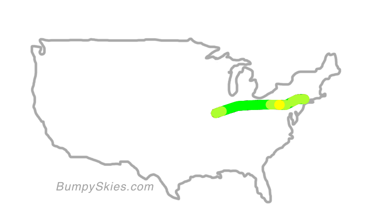 Map of continental US with illustrated flight path and turbulence forecast (described in text below)