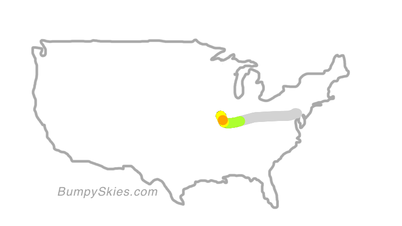 Map of continental US with illustrated flight path and turbulence forecast (described in text below)