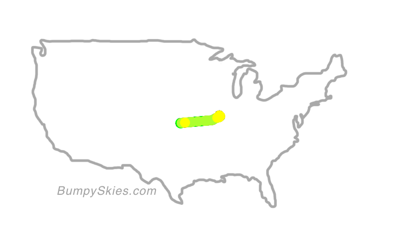 Map of continental US with illustrated flight path and turbulence forecast (described in text below)
