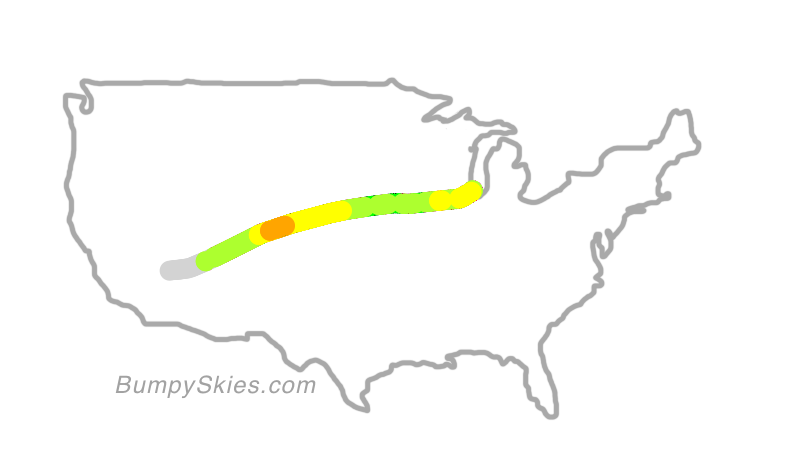 Map of continental US with illustrated flight path and turbulence forecast (described in text below)