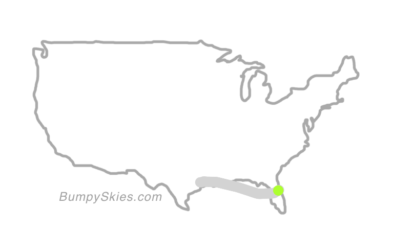 Map of continental US with illustrated flight path and turbulence forecast (described in text below)