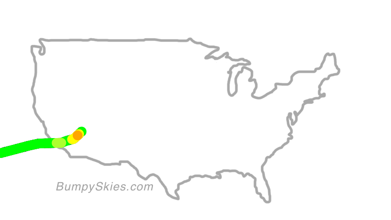 Map of continental US with illustrated flight path and turbulence forecast (described in text below)