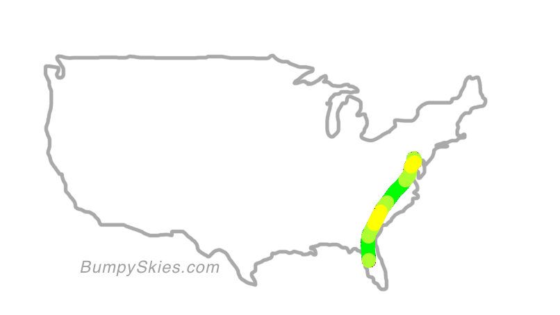 Map of continental US with illustrated flight path and turbulence forecast (described in text below)