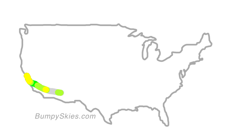 Map of continental US with illustrated flight path and turbulence forecast (described in text below)