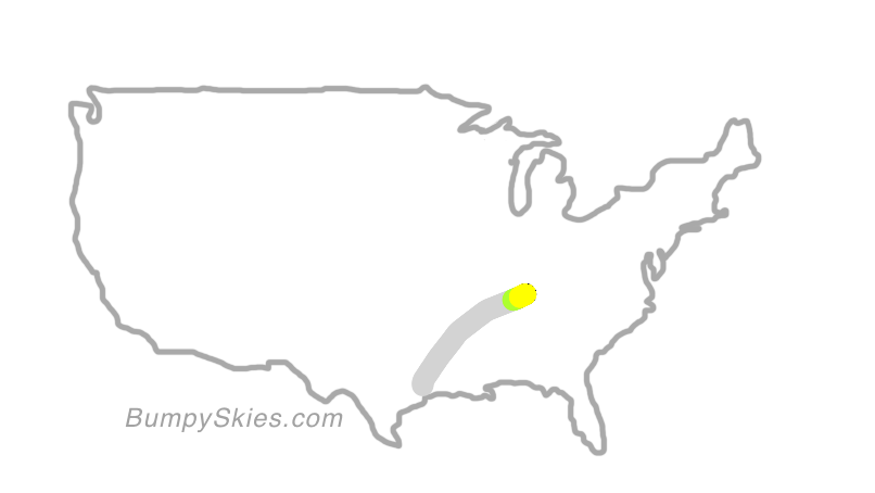 Map of continental US with illustrated flight path and turbulence forecast (described in text below)