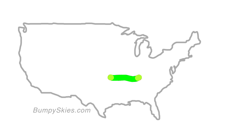 Map of continental US with illustrated flight path and turbulence forecast (described in text below)