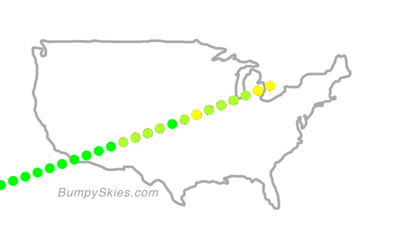 Map of continental US with illustrated flight path and turbulence forecast (described in text below)