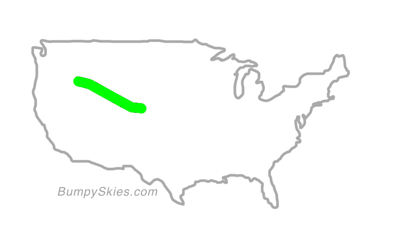 Map of continental US with illustrated flight path and turbulence forecast (described in text below)