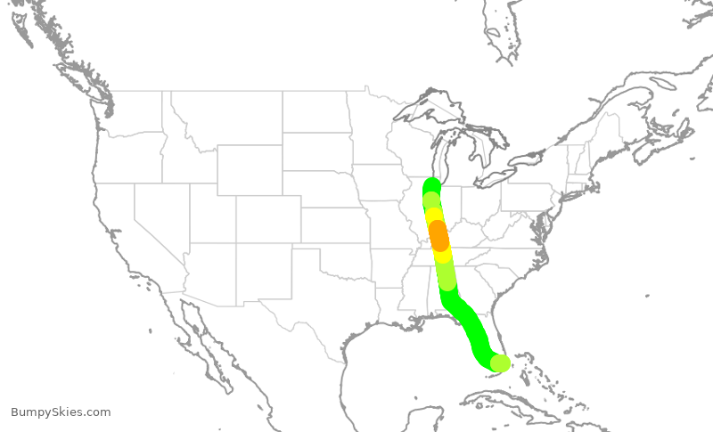 Turbulence forecast map for SWA2464, MDW to MIA