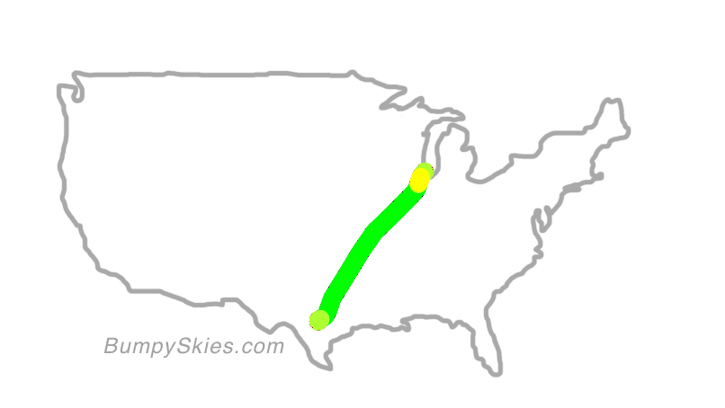 Map of continental US with illustrated flight path and turbulence forecast (described in text below)