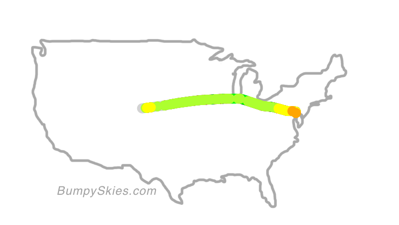 Map of continental US with illustrated flight path and turbulence forecast (described in text below)
