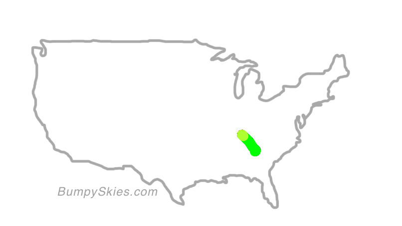 Map of continental US with illustrated flight path and turbulence forecast (described in text below)