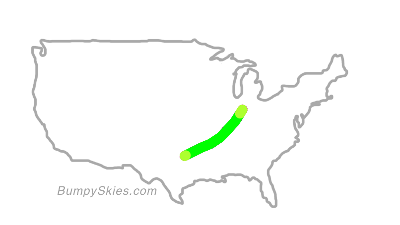 Map of continental US with illustrated flight path and turbulence forecast (described in text below)