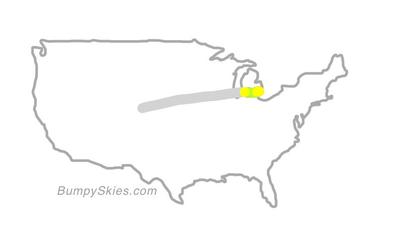 Map of continental US with illustrated flight path and turbulence forecast (described in text below)