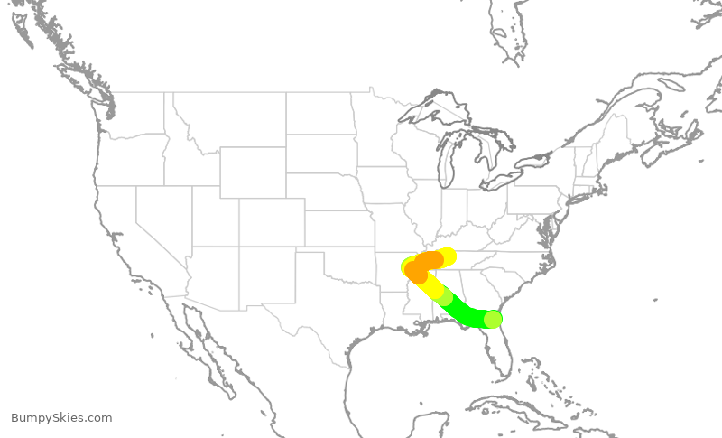 Turbulence forecast map for SWA2507, JAX to BNA