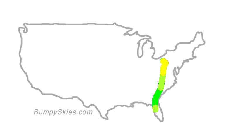 Map of continental US with illustrated flight path and turbulence forecast (described in text below)